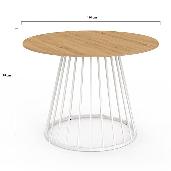 ID MARKET - Table à manger ronde YUNA 6 personnes plateau bois et pied filaire en métal blanc 110 cm - large