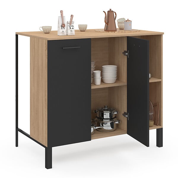 ID MARKET - Table de bar îlot CINA 100 cm bois noir et plateau façon hêtre - large