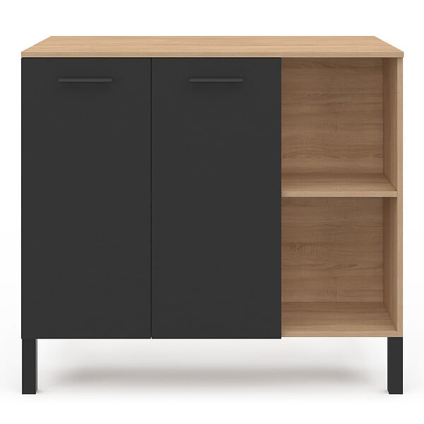 ID MARKET - Table de bar îlot CINA 100 cm bois noir et plateau façon hêtre - large
