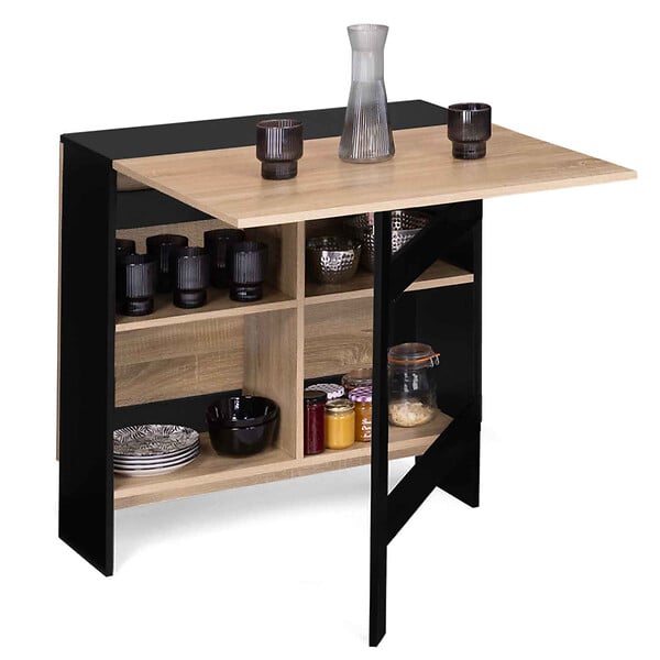ID MARKET - Table console pliable EDI 2-6 personnes avec rangements bois noir plateau façon hêtre 150 x 80 cm - large