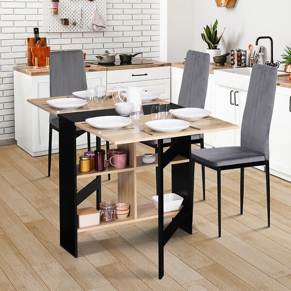 ID MARKET - Table console pliable EDI 2-6 personnes avec rangements bois noir plateau façon hêtre 150 x 80 cm - large