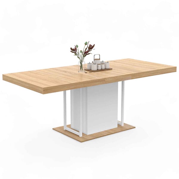 ID MARKET - Table à manger extensible rectangle UGO 6-10 personnes bois façon hêtre et blanc 160-200 cm - large