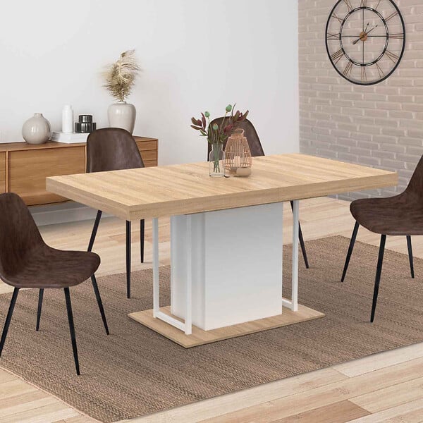 ID MARKET - Table à manger extensible rectangle UGO 6-10 personnes bois façon hêtre et blanc 160-200 cm - large