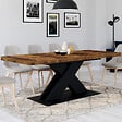 ID MARKET - Table à manger extensible rectangle ALICIA 6-10 personnes plateau bois foncé HAWKINS et pied X noir 160-200 cm - vignette