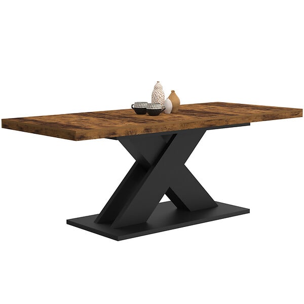 ID MARKET - Table à manger extensible rectangle ALICIA 6-10 personnes plateau bois foncé HAWKINS et pied X noir 160-200 cm - large