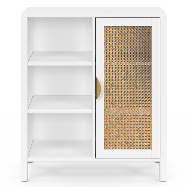 ID MARKET - Buffet d'appoint 3 étagères et placard 70 cm EDHEN bois blanc et cannage - large