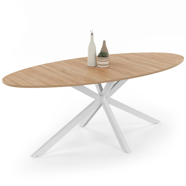 ID MARKET - Table à manger ovale ALIX 10 personnes pied araignée bois et blanc 200 cm - large