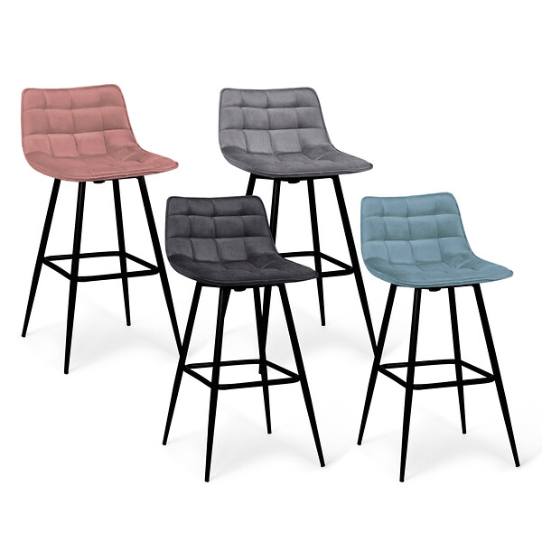 ID MARKET - Lot de 4 tabourets de bar MADY en velours mix color pastel bleu, gris clair, gris foncé, rose - large
