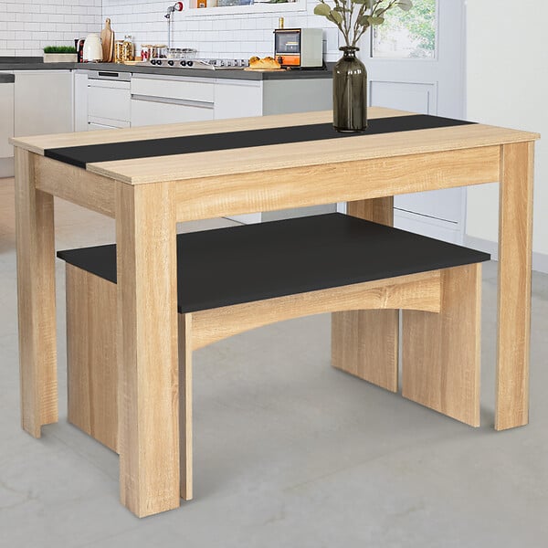 ID MARKET - Ensemble table à manger et 2 bancs ROZY 4 personnes façon hêtre et noir 110 cm - large