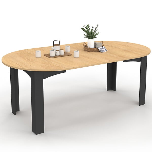 ID MARKET - Table à manger extensible ronde DONA 4-10 personnes noire plateau façon hêtre 110-200 cm - large