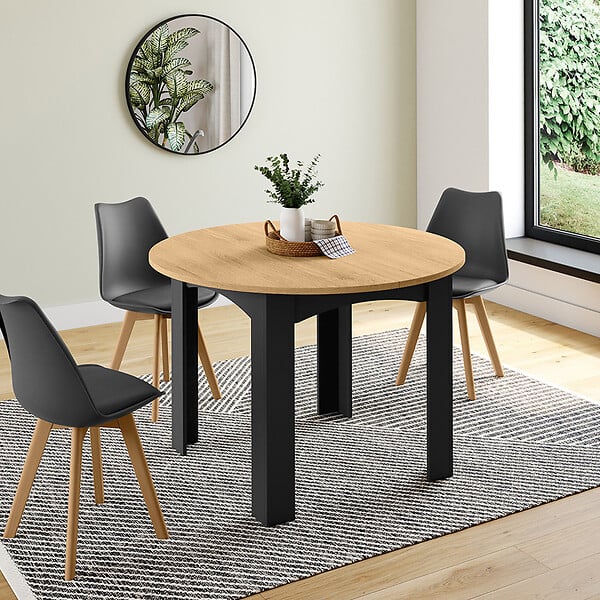 ID MARKET - Table à manger extensible ronde DONA 4-10 personnes noire plateau façon hêtre 110-200 cm - large