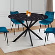 ID MARKET - Table à manger ronde ALIX 6 personnes pied araignée noir et plateau effet marbre noir ALASKA 110 cm - vignette