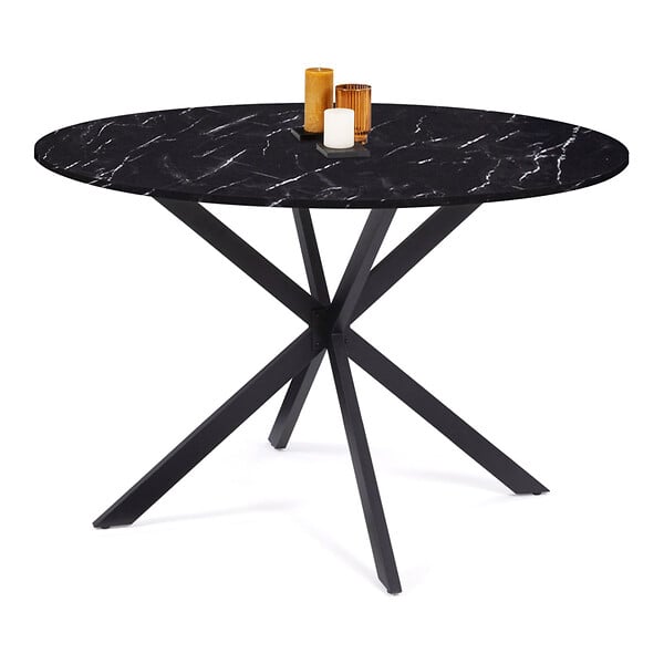 ID MARKET - Table à manger ronde ALIX 6 personnes pied araignée noir et plateau effet marbre noir ALASKA 110 cm - large