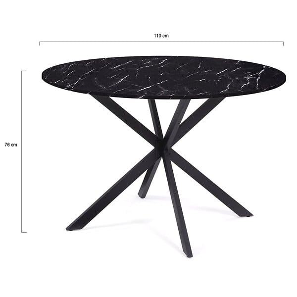 ID MARKET - Table à manger ronde ALIX 6 personnes pied araignée noir et plateau effet marbre noir ALASKA 110 cm - large