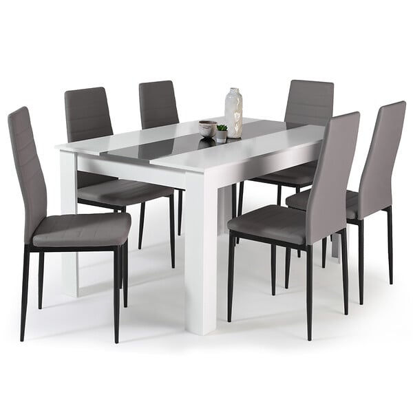 ID MARKET - Ensemble table à manger GEORGIA 140 cm blanche et grise et 6 chaises ROMANE grises - large