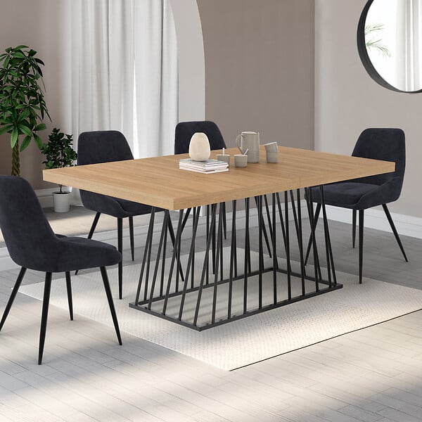 ID MARKET - Table à manger extensible rectangle YUNA 6-10 personnes plateau bois et pied filaire en métal noir 160 - 200 cm - large