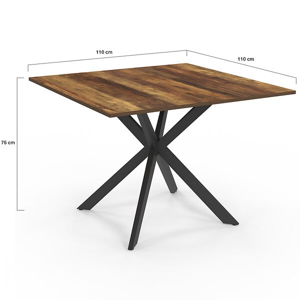 ID MARKET - Table à manger carrée ALIX 8 personnes pied araignée noir et plateau bois foncé HAWKINS 110 cm - large