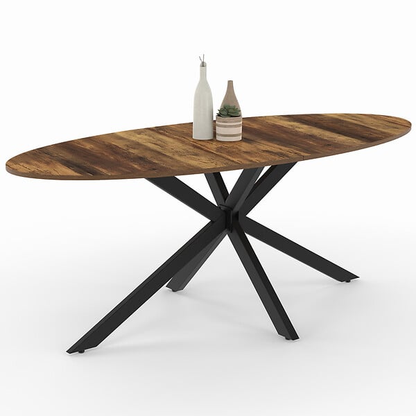 ID MARKET - Table à manger ovale ALIX 10 personnes pied araignée noir et plateau bois foncé HAWKINS 200 cm - large