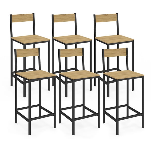 ID MARKET - Lot de 6 tabourets de bar DETROIT avec dossier chaise de cuisine design industriel - large
