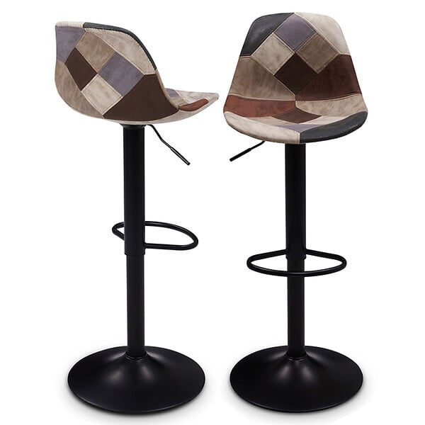 ID MARKET - Lot de 2 tabourets de bar KARL design patchworks marron, gris et beiges pied noir - large