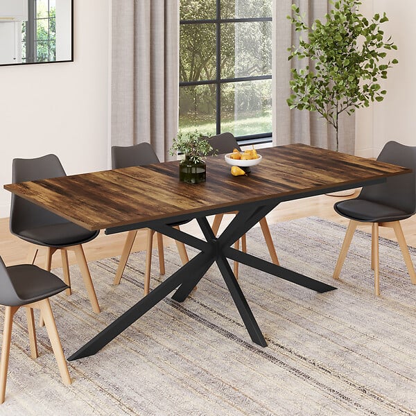 ID MARKET - Table à manger extensible rectangle ALIX 8-12 personnes pied araignée noir et plateau bois foncé HAWKINS 200-240 cm - large