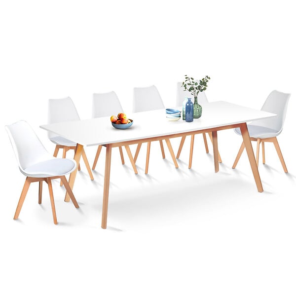 ID MARKET - Ensemble table à manger extensible INGA 160-200 cm et 6 chaises SARA blanches design scandinave - large
