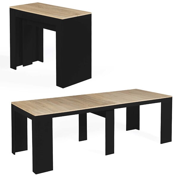 ID MARKET - Table console extensible ORLANDO 10 personnes 235 cm bois noir et façon hêtre - large
