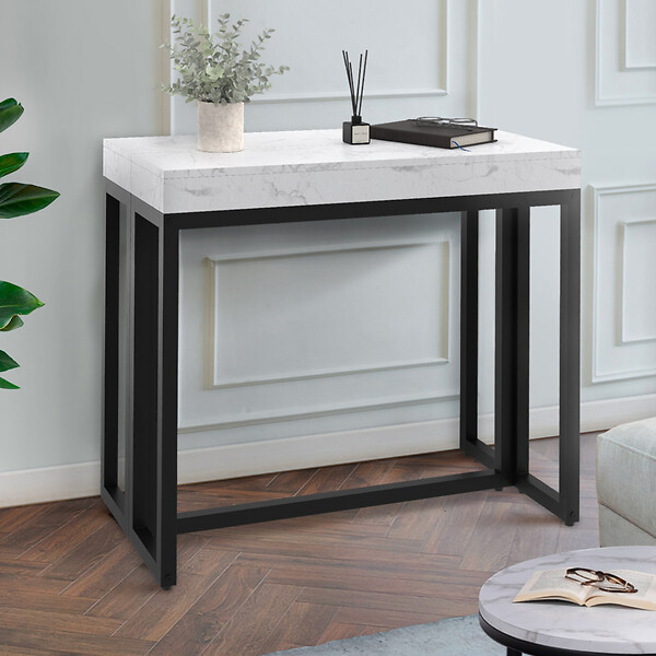 ID MARKET - Table console extensible 10 personnes 235 cm plateau effet marbre blanc ALASKA - large