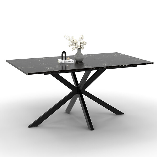 ID MARKET - Table à manger rectangle ALIX 8 personnes pied araignée noir et plateau effet marbre noir ALASKA 160 cm - large