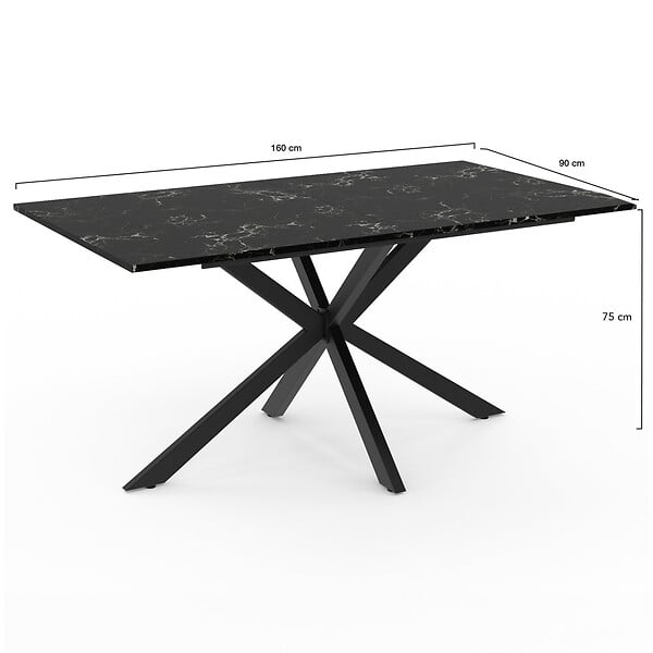 ID MARKET - Table à manger rectangle ALIX 8 personnes pied araignée noir et plateau effet marbre noir ALASKA 160 cm - large