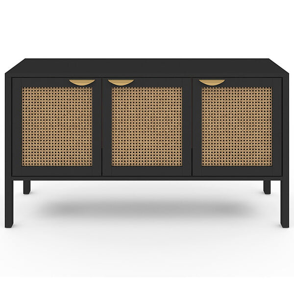 ID MARKET - Buffet bas 110 cm EDHEN 3 portes bois noir et cannage - large