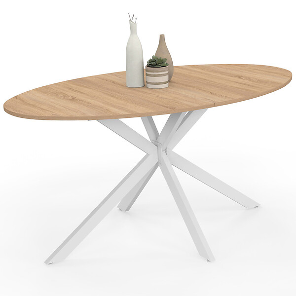 ID MARKET - Table à manger ovale ALIX 8 personnes pied araignée bois et blanc 150 cm - large