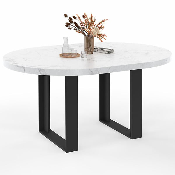 ID MARKET - Table à manger extensible ronde PHOENIX 4-6 personnes plateau effet marbre blanc ALASKA 110-150 cm - large