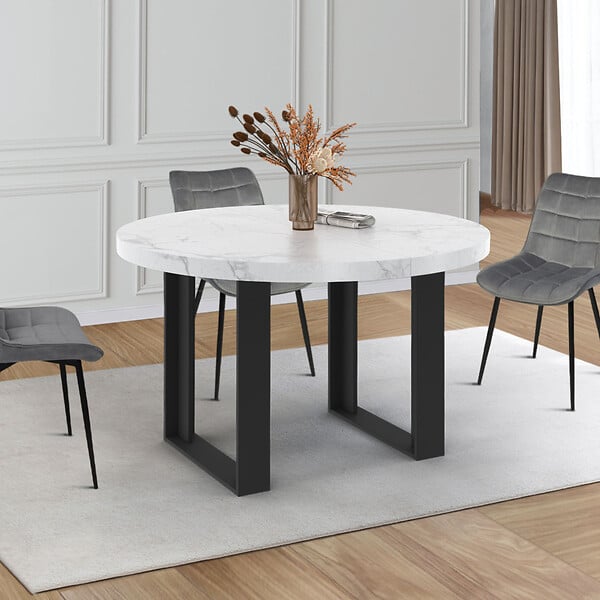 ID MARKET - Table à manger extensible ronde PHOENIX 4-6 personnes plateau effet marbre blanc ALASKA 110-150 cm - large