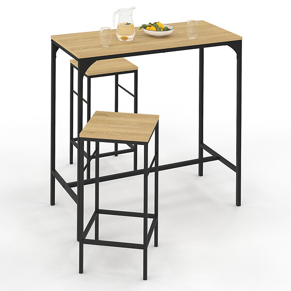 ID MARKET - Ensemble table haute de bar DETROIT 95 cm et 2 tabourets design industriel - large