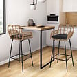 ID MARKET - Lot de 2 tabourets de bar SUMMER effet rotin beige pied metal noir avec accoudoirs - vignette