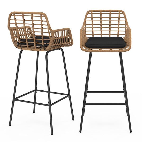 ID MARKET - Lot de 2 tabourets de bar SUMMER effet rotin beige pied metal noir avec accoudoirs - large