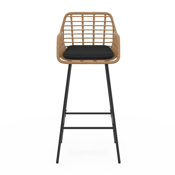 ID MARKET - Lot de 2 tabourets de bar SUMMER effet rotin beige pied metal noir avec accoudoirs - large