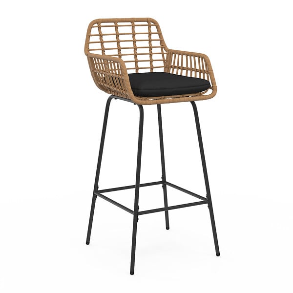 ID MARKET - Lot de 2 tabourets de bar SUMMER effet rotin beige pied metal noir avec accoudoirs - large