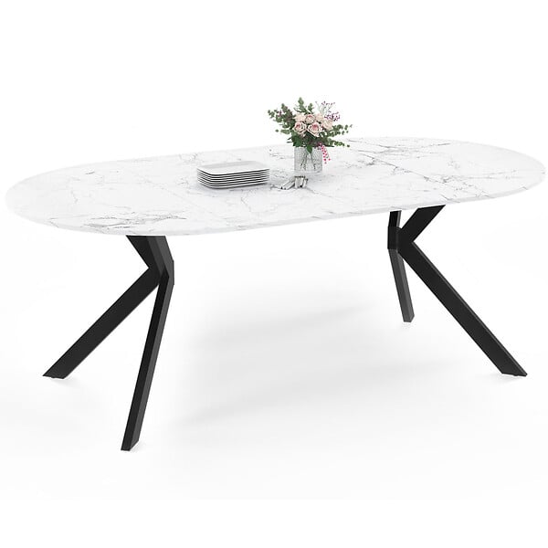 ID MARKET - Table à manger extensible ronde ALIX 4-10 personnes pied araignée noir plateau effet marbre blanc ALASKA 110-200 cm - large