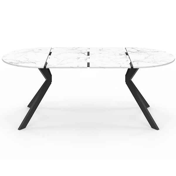 ID MARKET - Table à manger extensible ronde ALIX 4-10 personnes pied araignée noir plateau effet marbre blanc ALASKA 110-200 cm - large