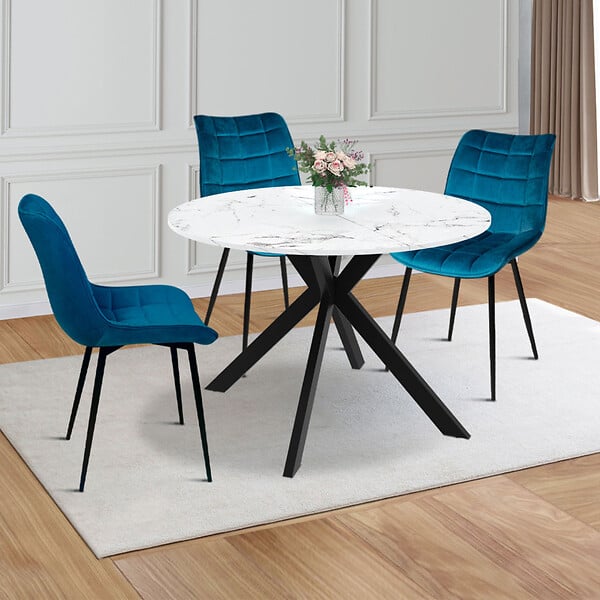 ID MARKET - Table à manger extensible ronde ALIX 4-10 personnes pied araignée noir plateau effet marbre blanc ALASKA 110-200 cm - large