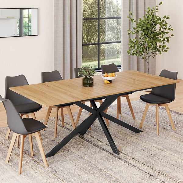 ID MARKET - Table à manger extensible rectangle ALIX 8-12 personnes pied araignée bois et noir 200-240 cm - large