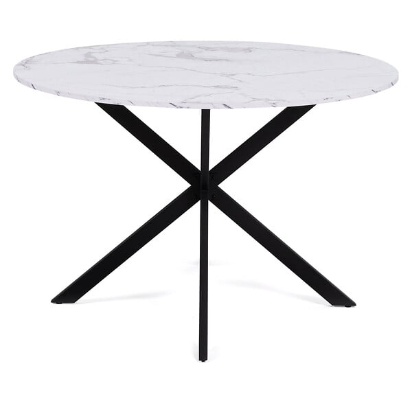 ID MARKET - Table à manger ronde ALIX 6 personnes pied araignée noir et plateau effet marbre blanc ALASKA 110 cm - large