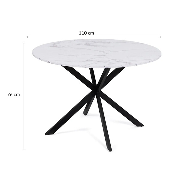 ID MARKET - Table à manger ronde ALIX 6 personnes pied araignée noir et plateau effet marbre blanc ALASKA 110 cm - large