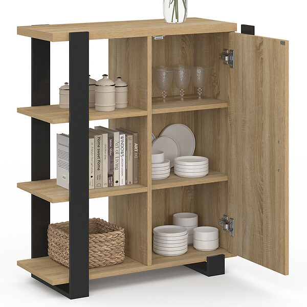 ID MARKET - Buffet d'appoint 3 étagères et placard 70 cm PHOENIX bois et noir - large