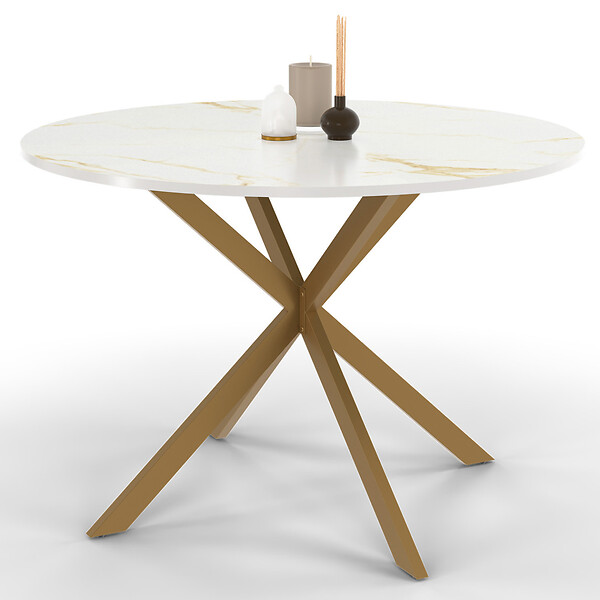 ID MARKET - Table à manger ronde ALIX 6 personnes pied araignée laiton et plateau effet marbre doré ALASKA 110 cm - large