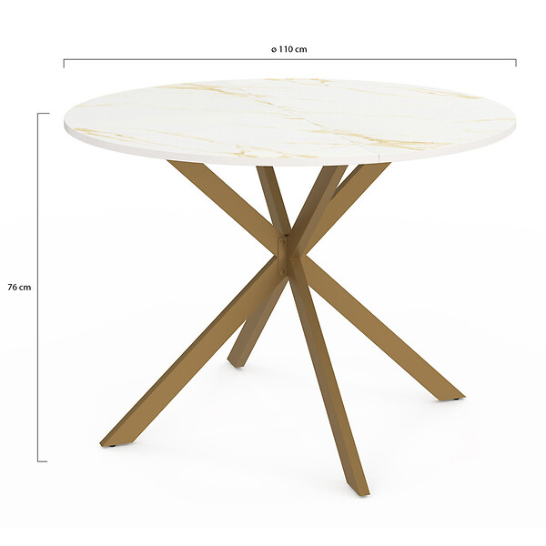 ID MARKET - Table à manger ronde ALIX 6 personnes pied araignée laiton et plateau effet marbre doré ALASKA 110 cm - large