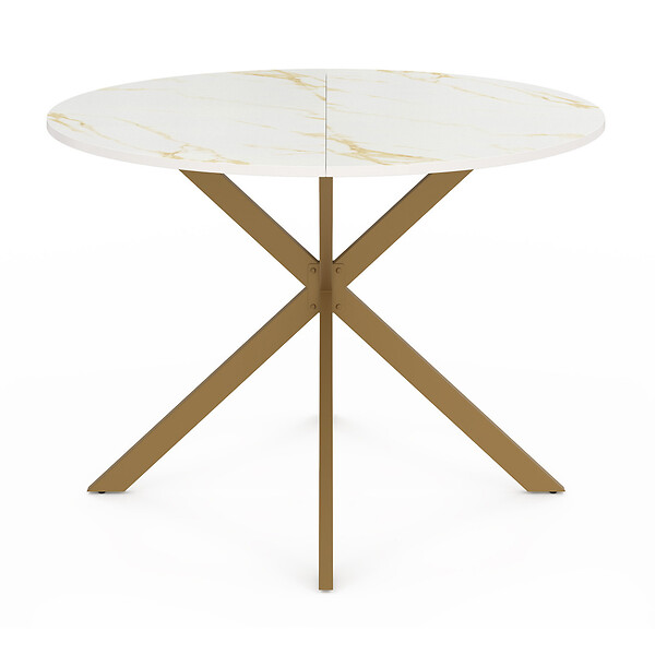 ID MARKET - Table à manger ronde ALIX 6 personnes pied araignée laiton et plateau effet marbre doré ALASKA 110 cm - large