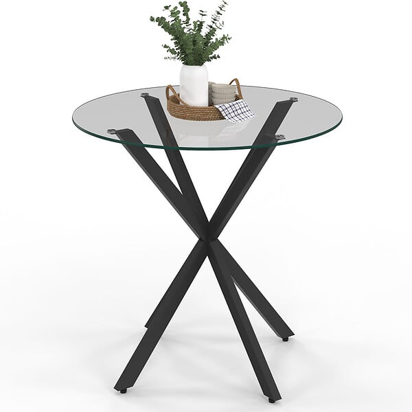 ID MARKET - Table à manger ronde ALIX 4 personnes pied araignée noir et plateau verre 80 cm - large